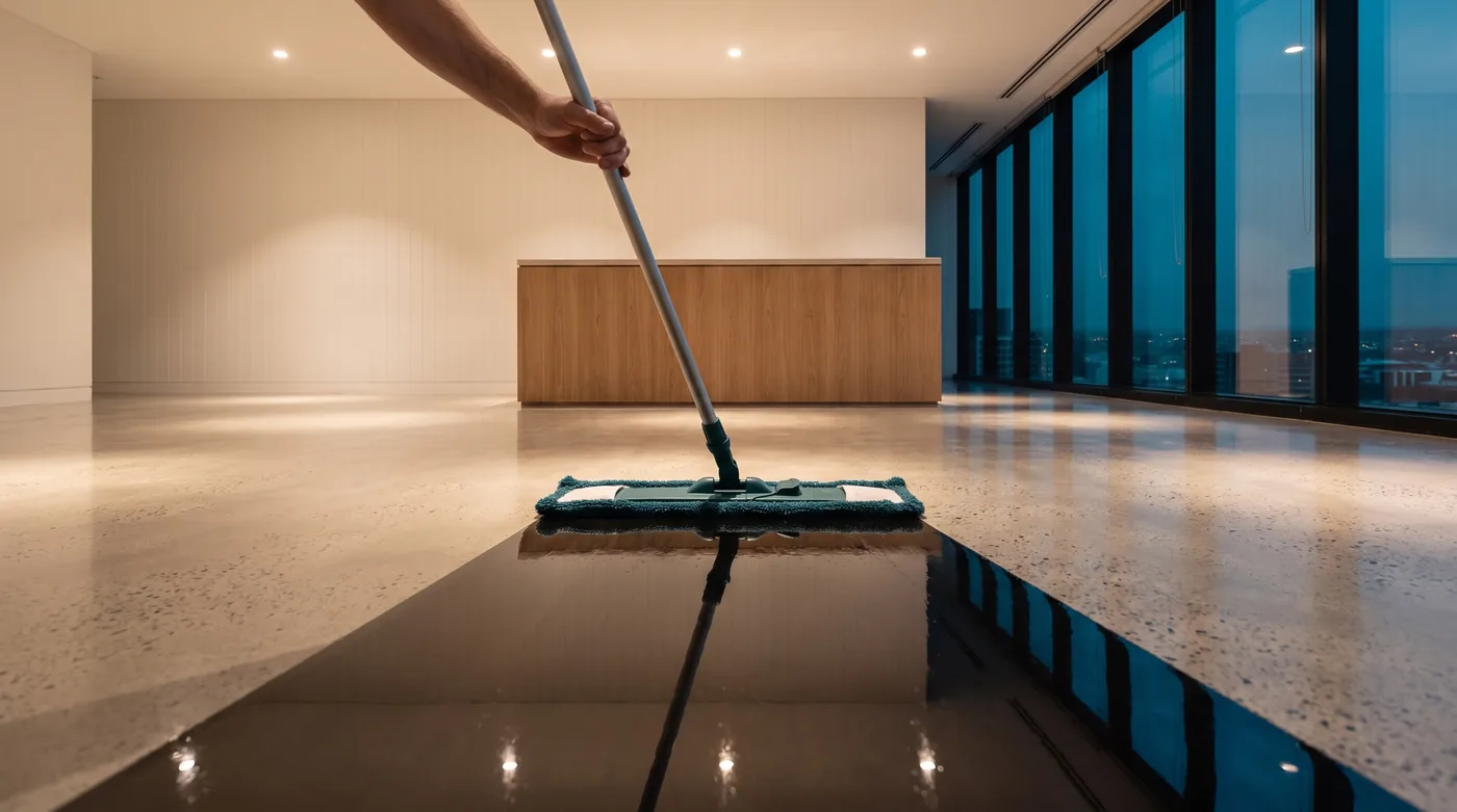 A flat mop drawn across a polished concrete floor in an office at dusk