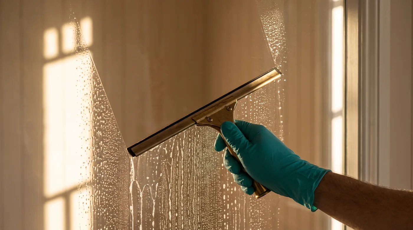 A gloved hand cleaning a shower screen with a squeegee.