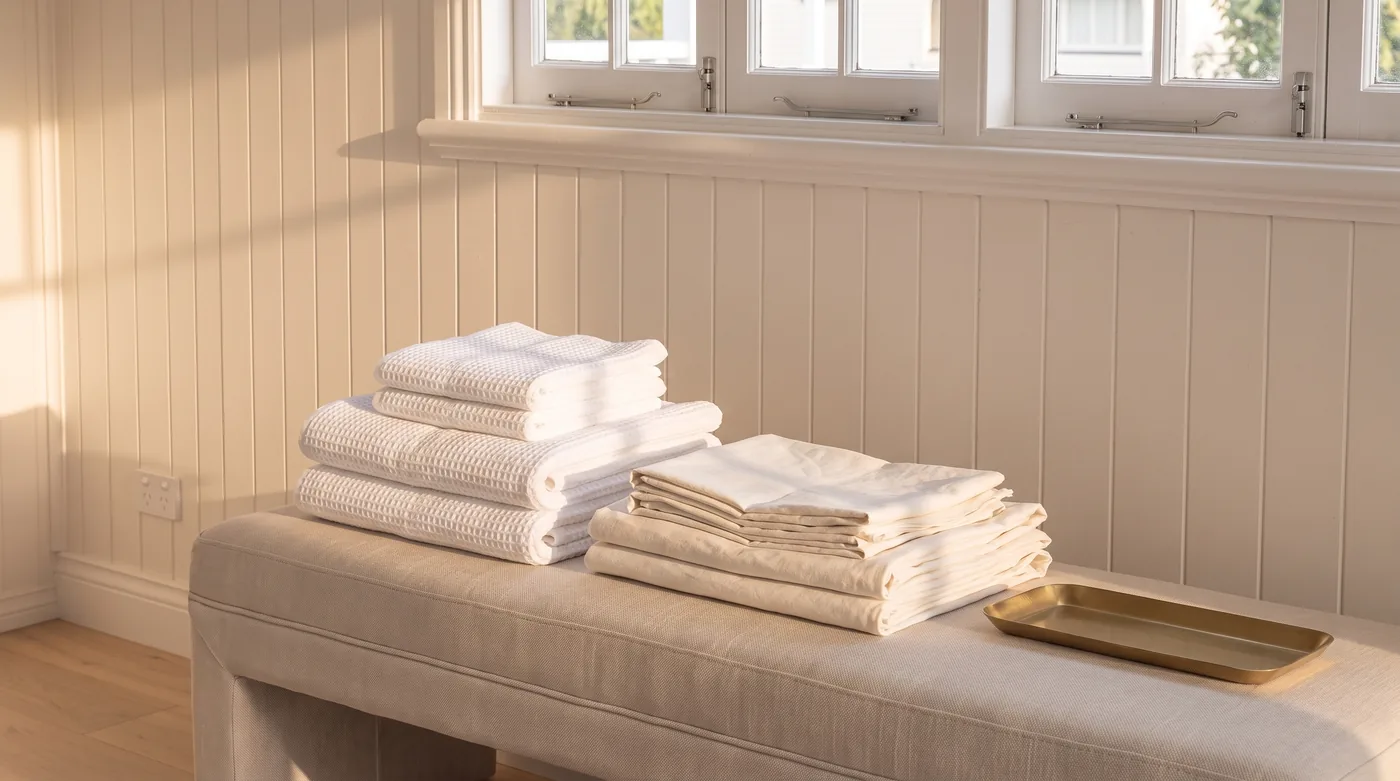 Folded fresh linen and towels stacked on a bench in afternoon light