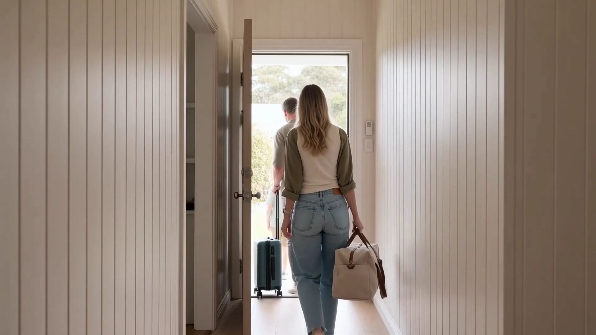 A family leaving their home for a trip, carrying packed luggage through the front door.