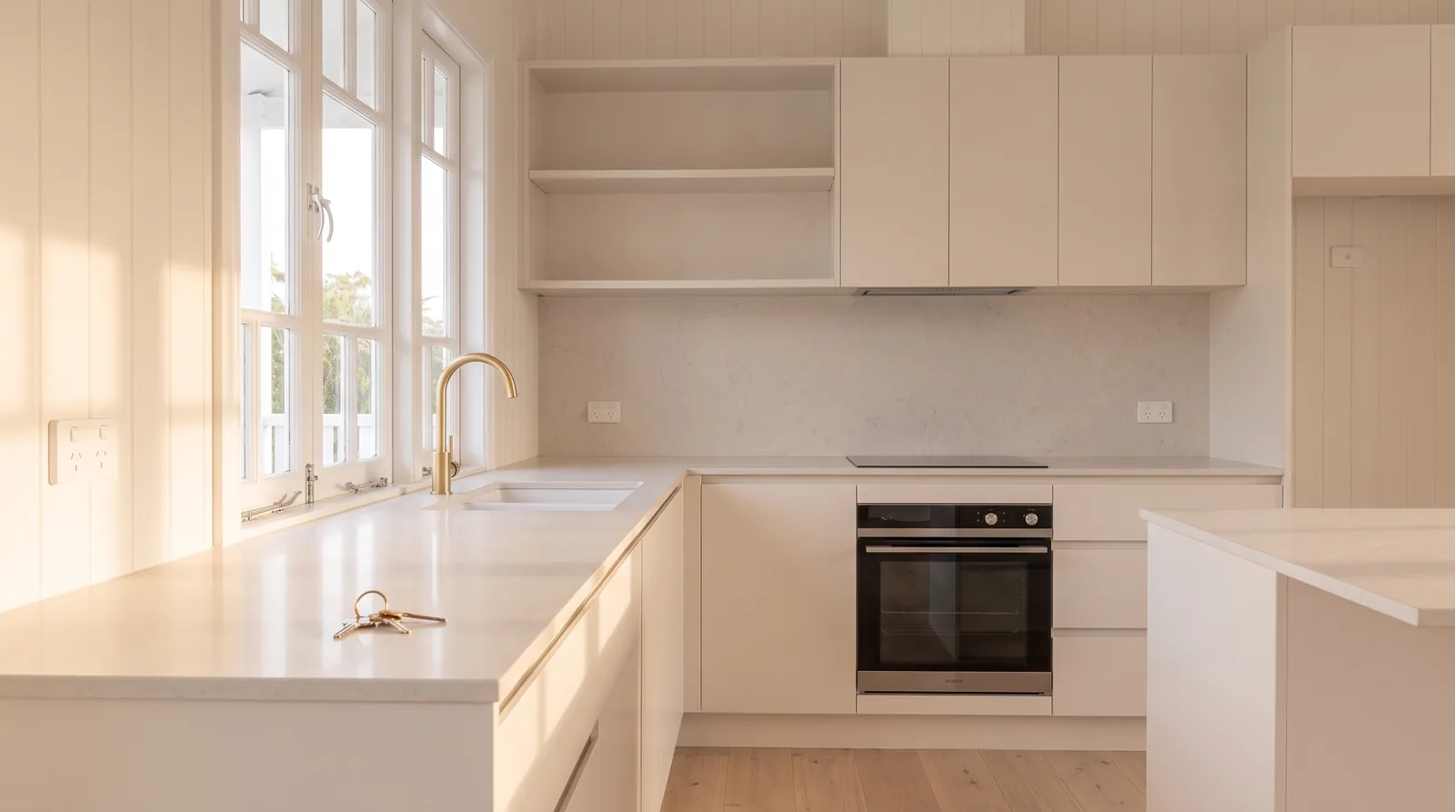 An empty kitchen at the end of a bond clean, benchtops bare and keys on the bench