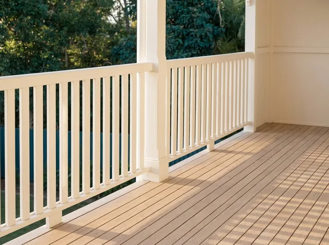 A timber verandah looking out onto a garden.