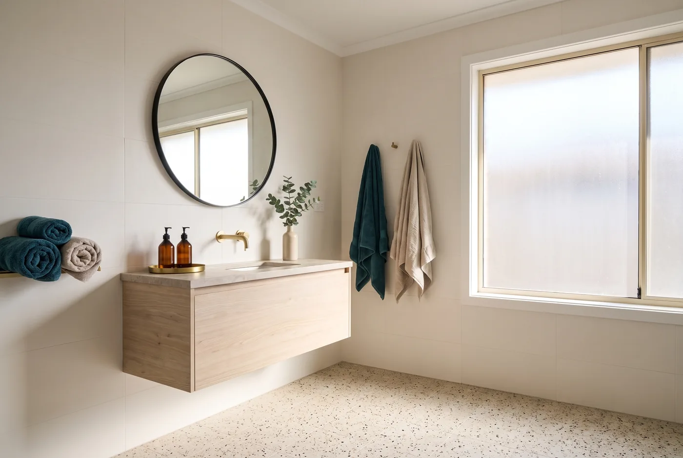 A clean bathroom with polished fittings and clear surfaces.