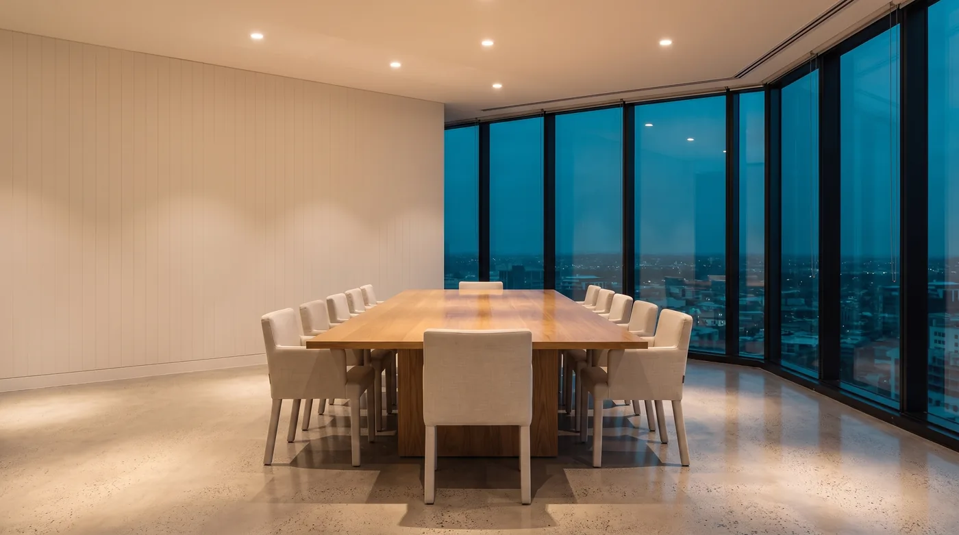 A meeting room reset for the morning, table bare and chairs squared
