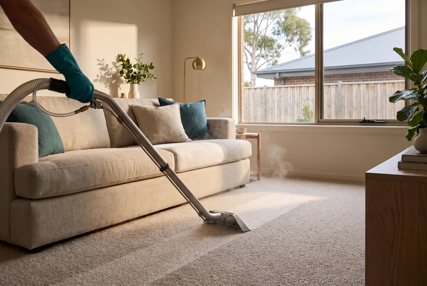 A gloved hand drawing a hot water extraction wand across a living room carpet