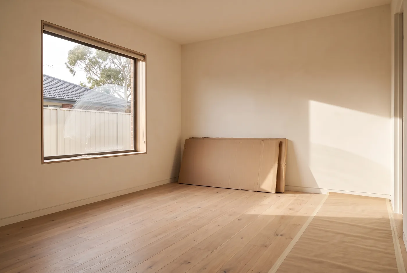An empty new room after a builders clean, timber floor swept and boards stacked against the wall