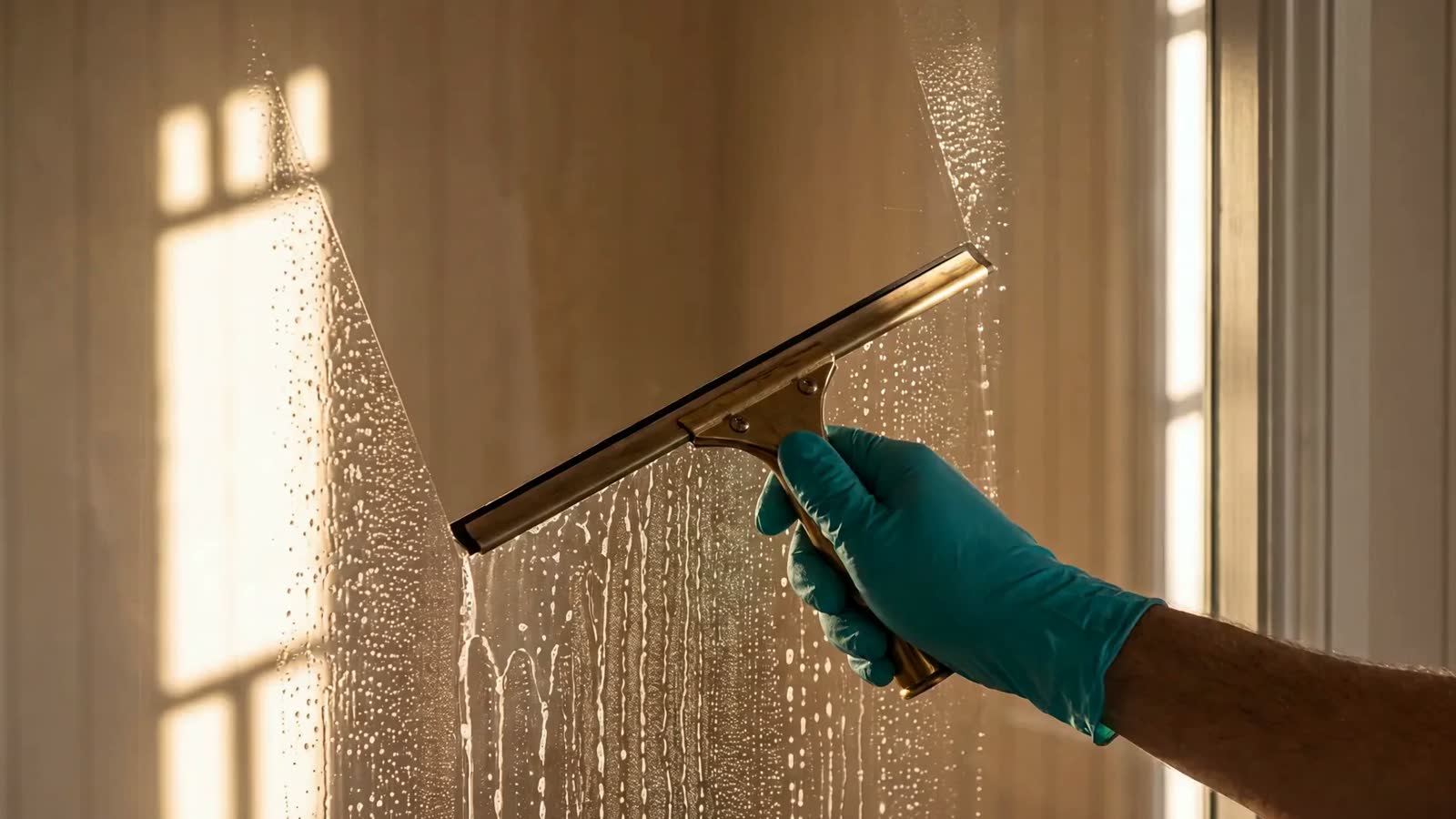 A gloved hand drawing a squeegee down a wet shower screen, the glass running clear behind the blade.